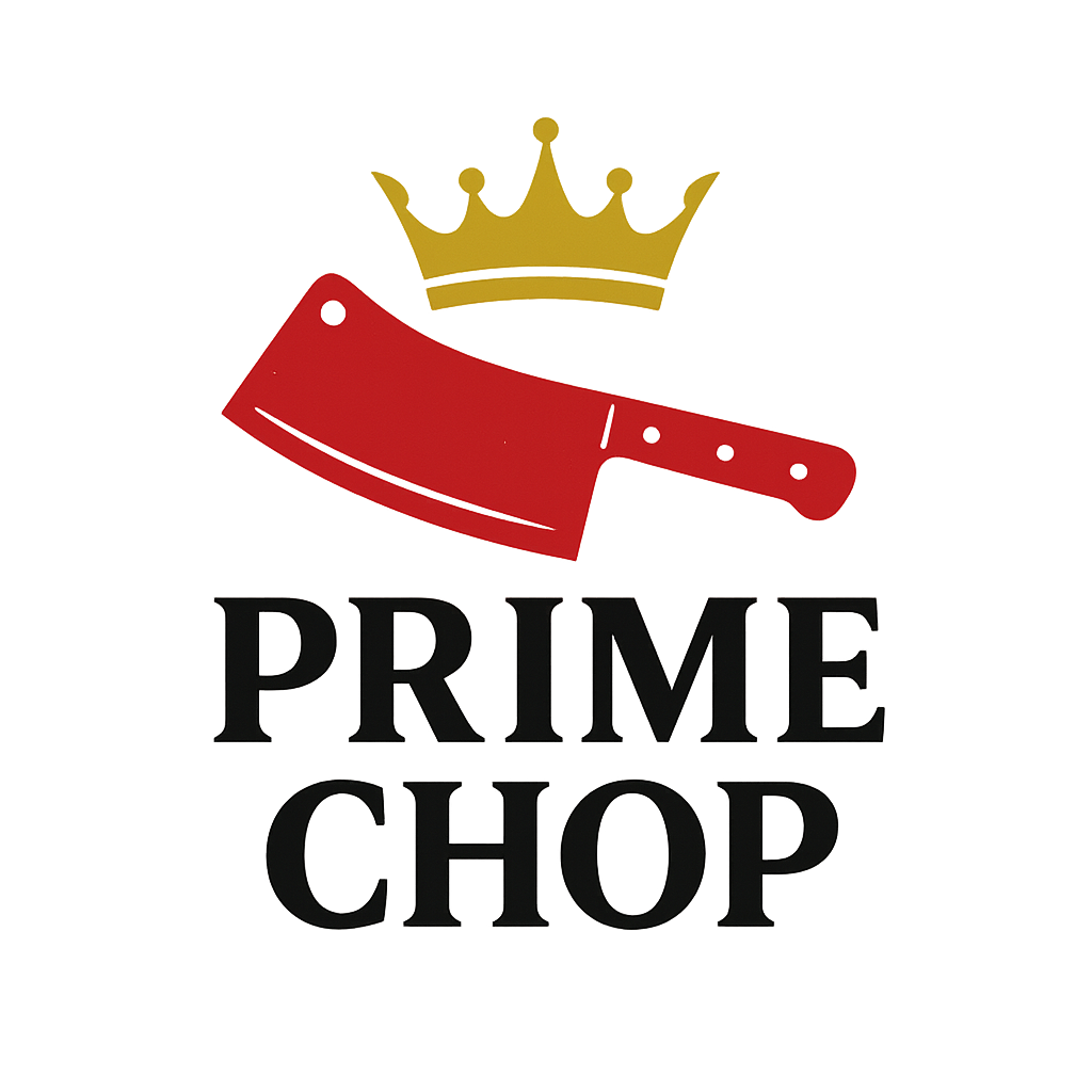 PrimeChop logo featuring a red butcher cleaver under a gold crown above the words PRIME CHOP in bold black letters, conveying a sense of premium quality and tradition